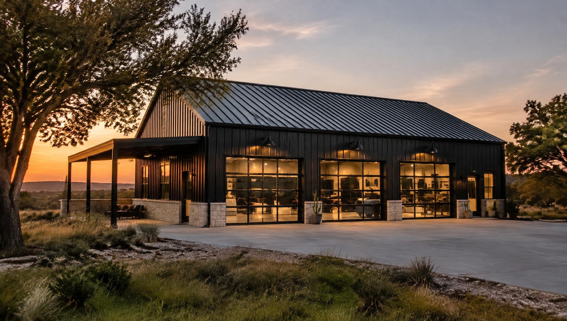 Modern black metal workshop at sunset (illustrative)